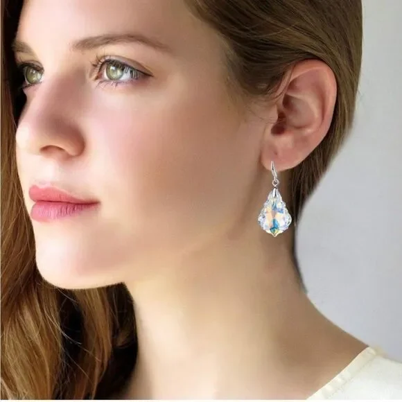 Silver with Iridescent AB Austrian Crystal Baroque Dangling Drop Hook Earrings